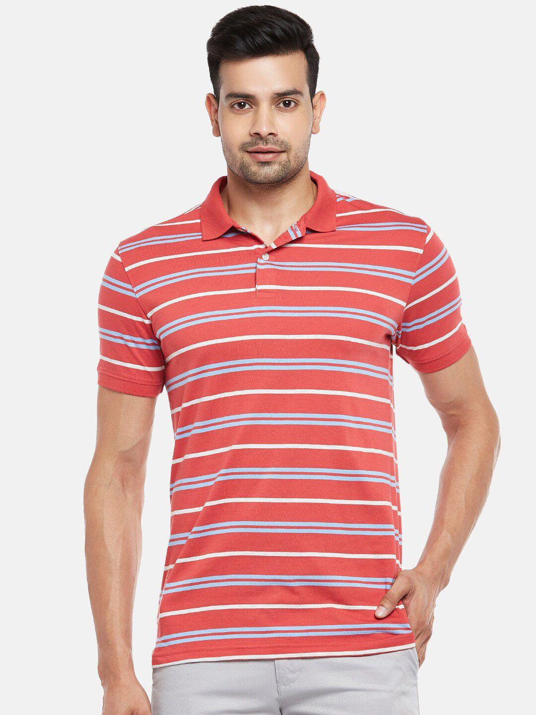 byford by pantaloons men coral red  blue striped cotton polo collar slim fit pure cotton t-shirt