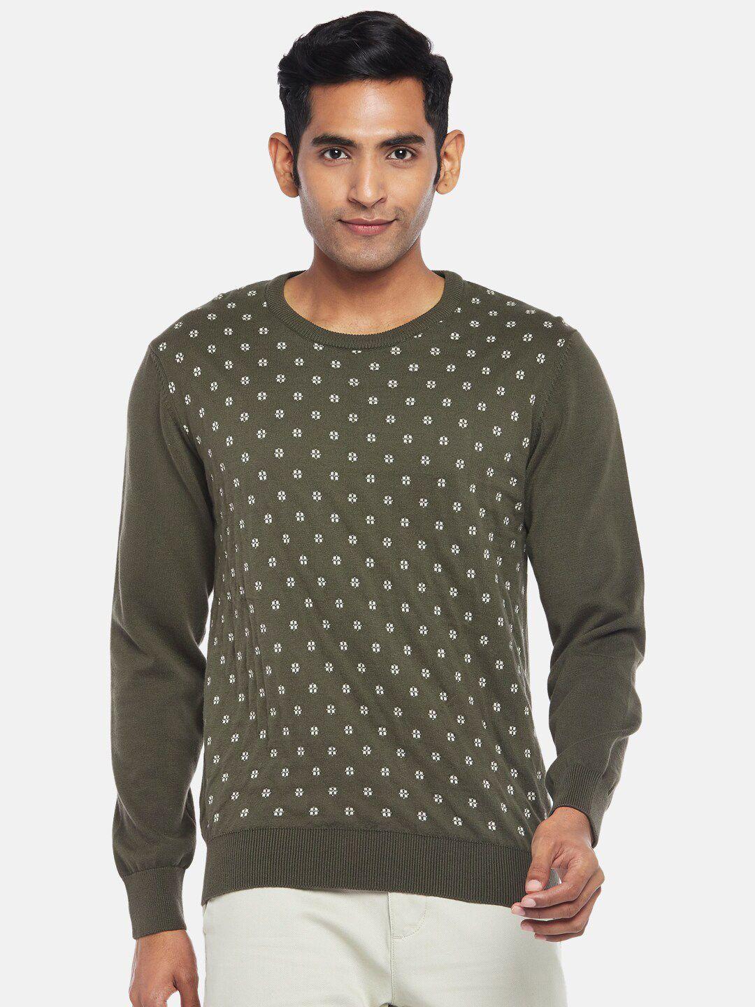 byford by pantaloons men olive green & white printed cotton pullover
