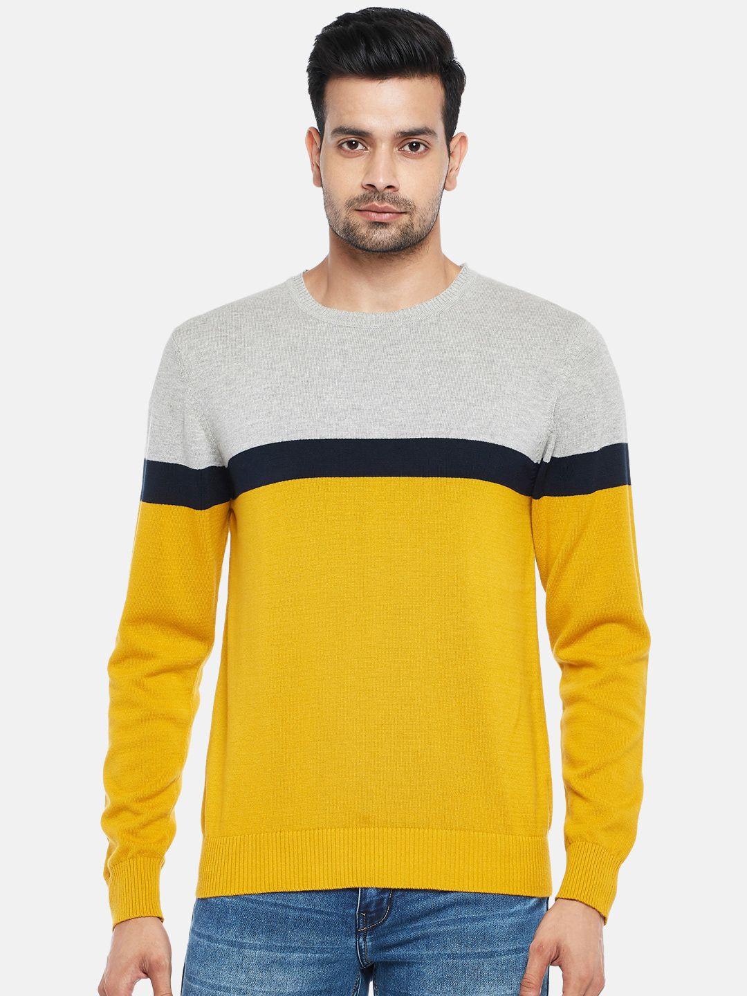 byford by pantaloons men yellow & grey colourblocked pure cotton pullover