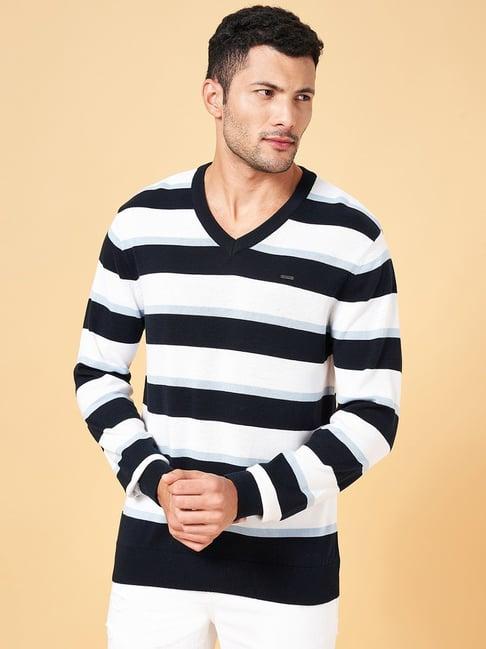 byford by pantaloons blue cotton slim fit striped sweater