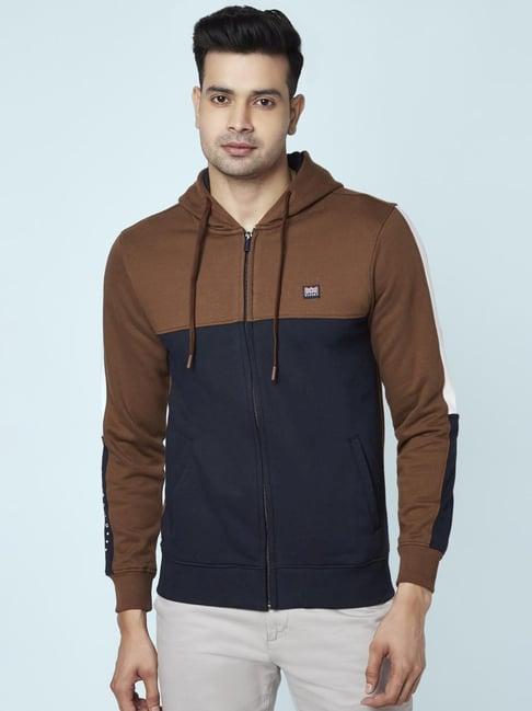 byford by pantaloons brown & navy regular fit colour block hooded sweatshirt