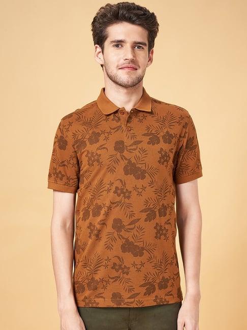 byford by pantaloons brown cotton slim fit printed polo t-shirt