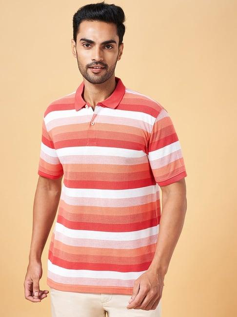 byford by pantaloons coral red slim fit striped polo t-shirt