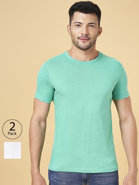 byford by pantaloons green & white cotton regular fit t-shirt - pack of 2