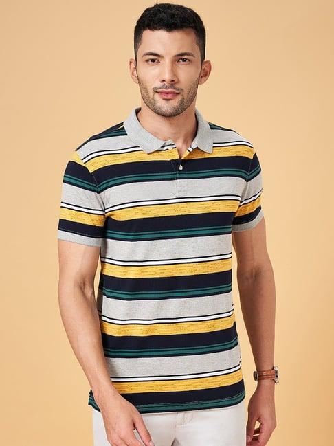 byford by pantaloons grey melange slim fit striped polo t-shirt