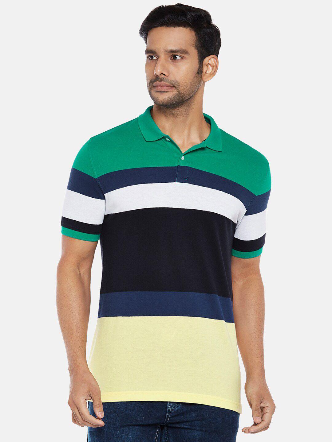 byford by pantaloons men green & yellow colourblocked polo collar slim fit t-shirt