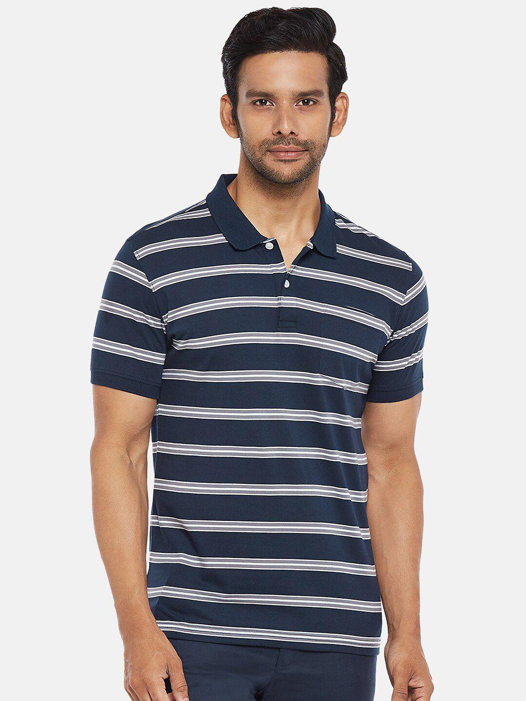 byford by pantaloons men navy blue & grey striped polo collar pockets slim fit t-shirt