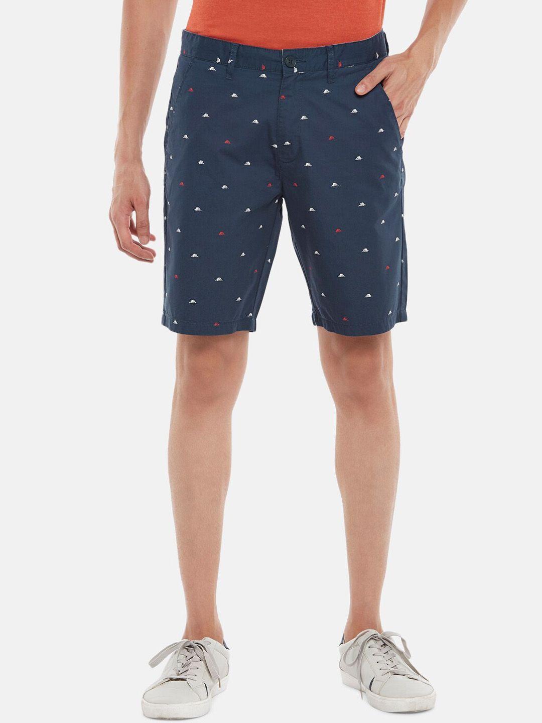 byford by pantaloons men navy blue & white printed slim fit pure cotton shorts