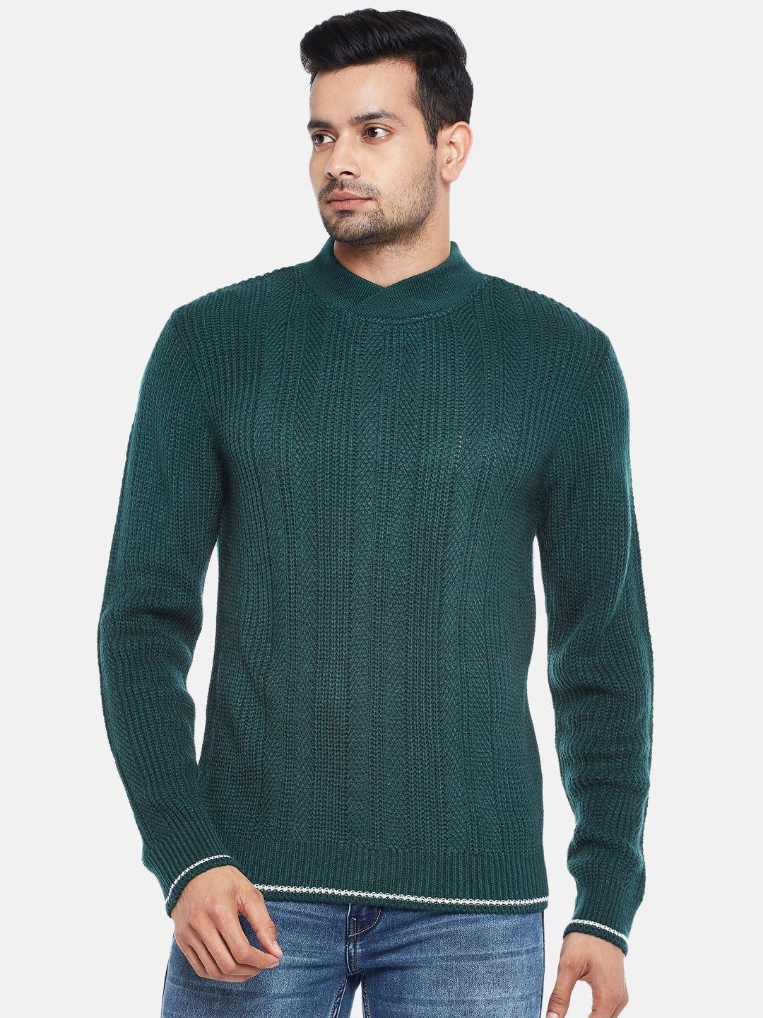 byford by pantaloons men olive green & white ribbed  pure cotton pullover