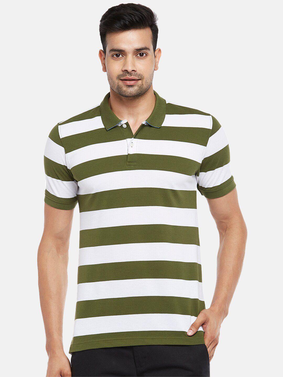byford by pantaloons men olive green & white striped polo collar slim fit t-shirt