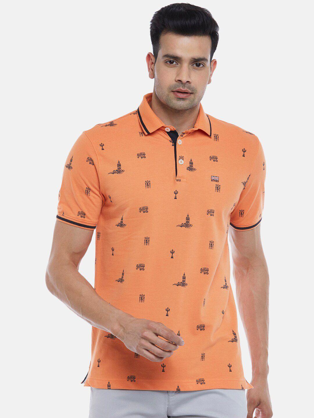 byford by pantaloons men orange printed polo collar pure cotton slim fit t-shirt