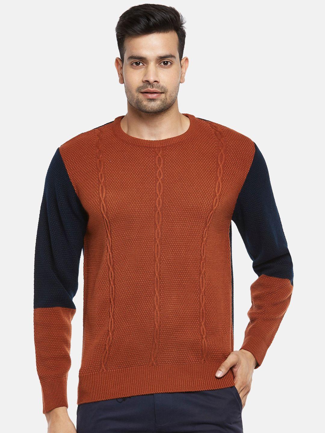 byford by pantaloons men rust & navy blue pure cotton colourblocked pullover