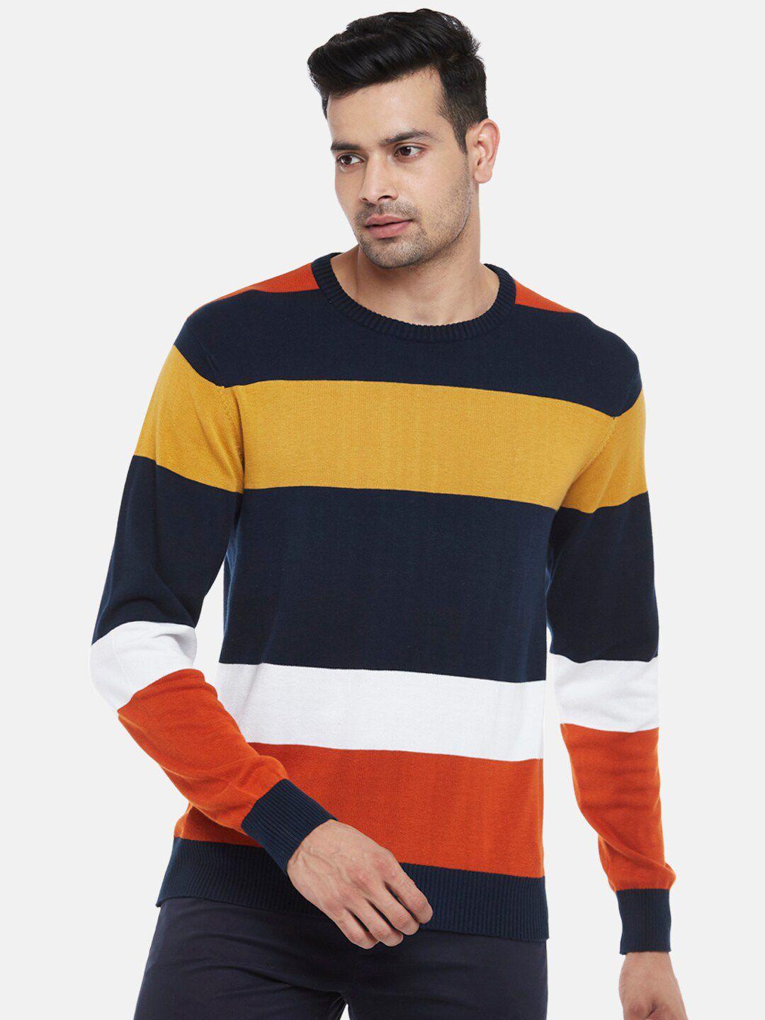 byford by pantaloons men yellow & navy blue striped pure cotton pullover sweater