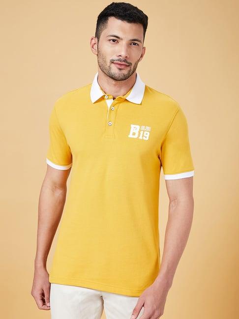 byford by pantaloons mustard cotton slim fit printed polo t-shirt