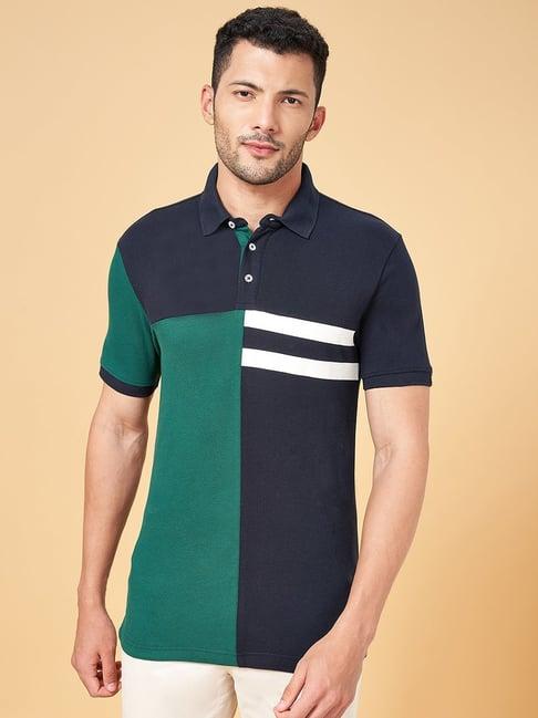 byford by pantaloons navy & green cotton slim fit printed polo t-shirt