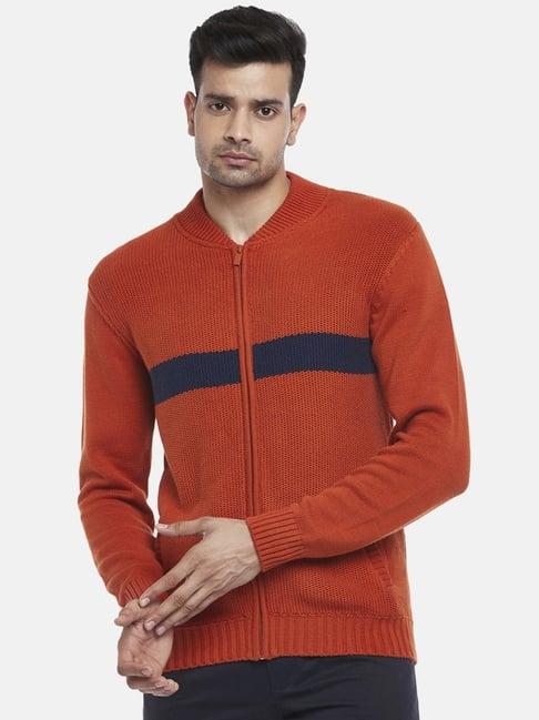 byford by pantaloons rust cotton regular fit self pattern sweater