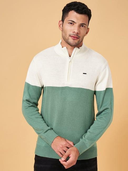 byford by pantaloons sage green & white slim fit colour block sweater