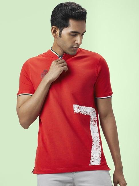 byford by pantaloons signal red cotton slim fit self pattern t-shirt