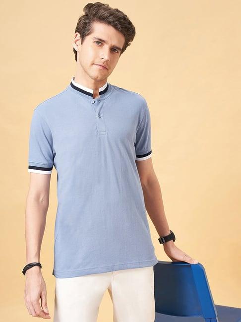 byford by pantaloons slate blue slim fit mandarin collar t-shirt