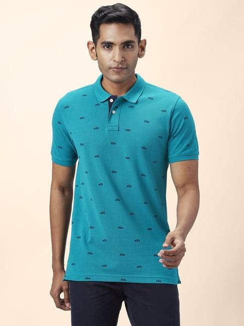 byford by pantaloons teal blue cotton slim fit printed polo t-shirt