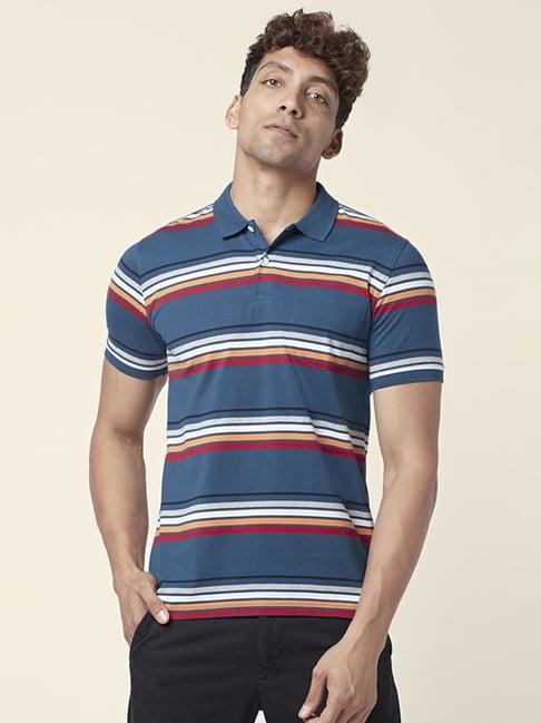 byford by pantaloons teal cotton slim fit striped polo t-shirt