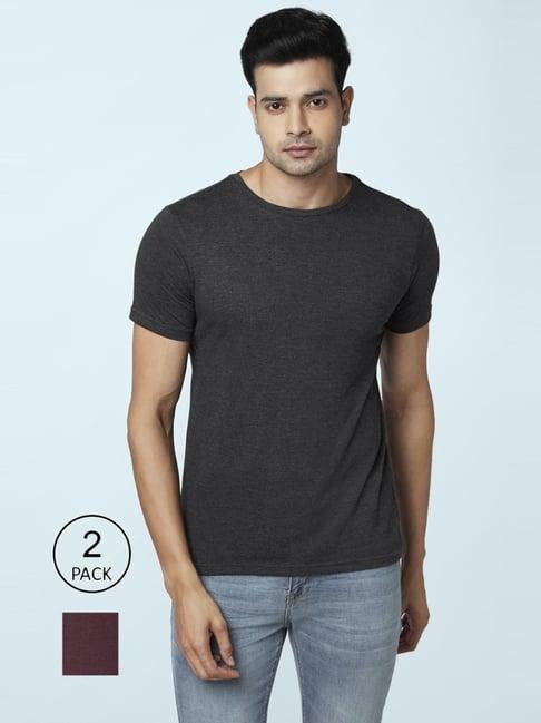 byford by pantaloons wine & grey cotton regular fit t-shirt - pack of 2