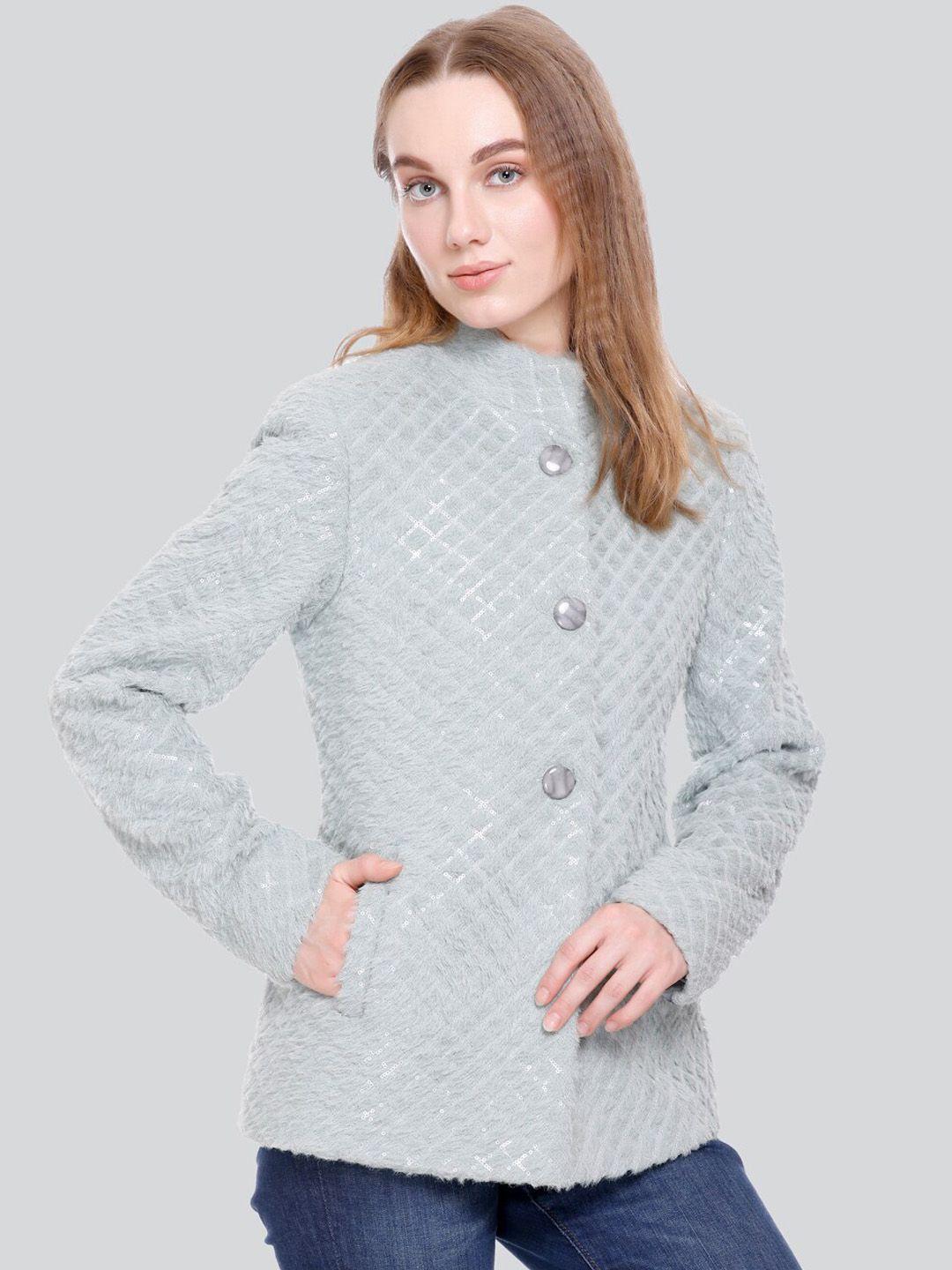 c-aerin self design mock collar embroidered single breasted winter overcoat