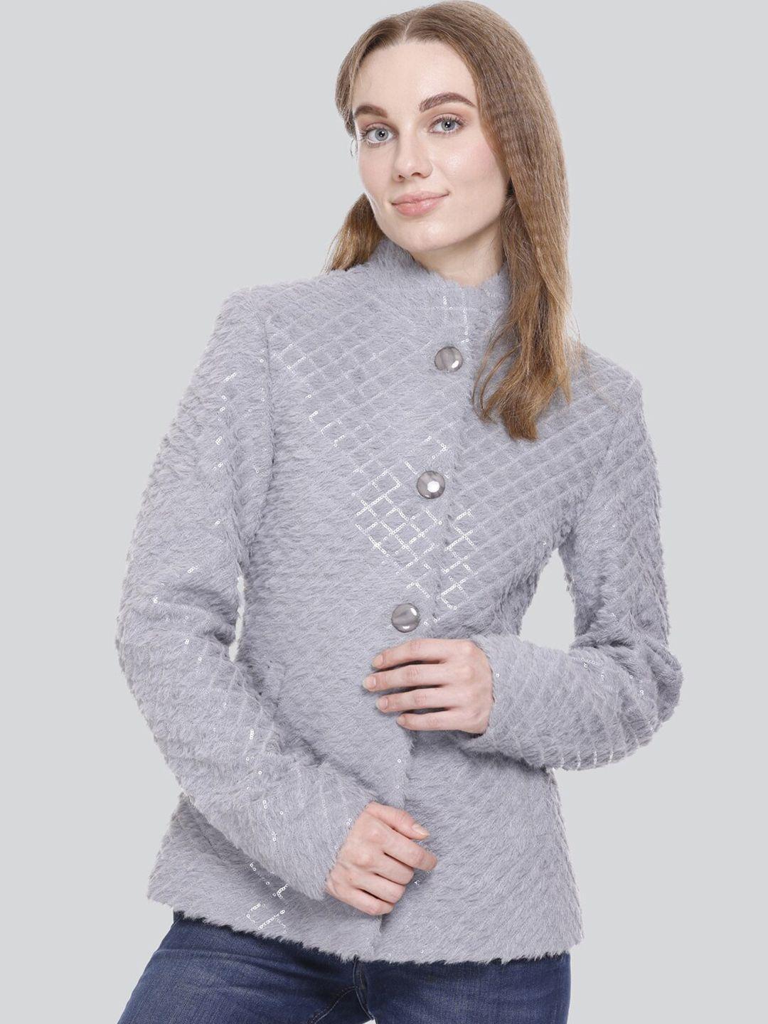 c-aerin self design mock collar embroidered single breasted winter overcoat