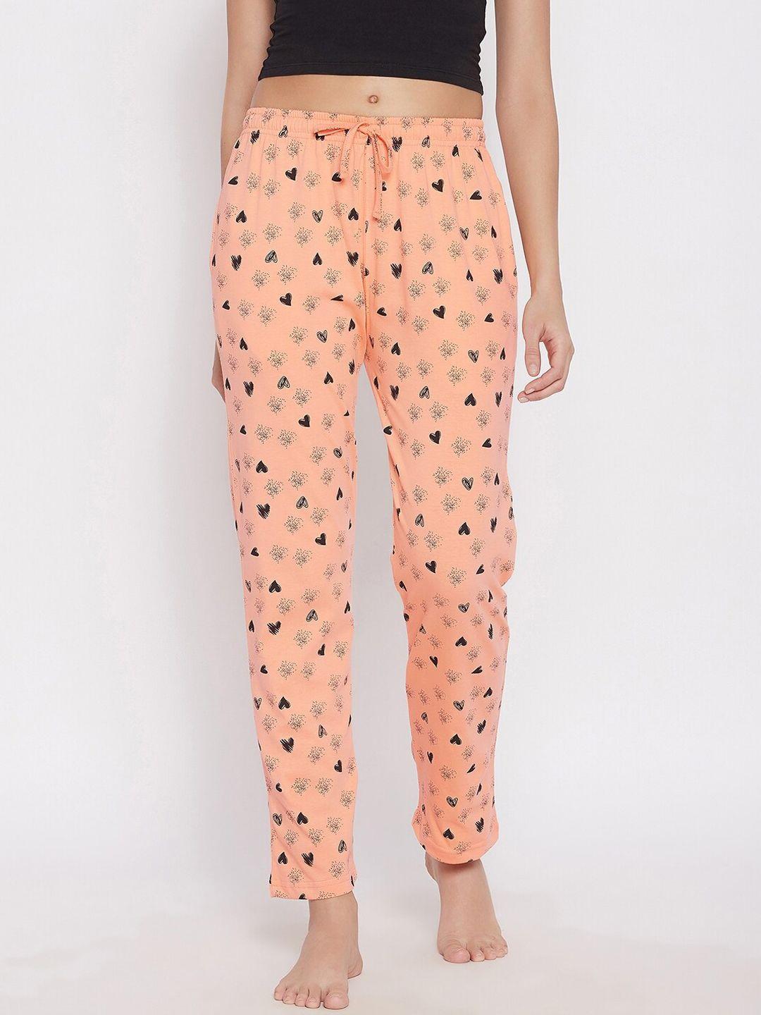 c9 airwear women peach coloured & black heart print pure cotton lounge pants