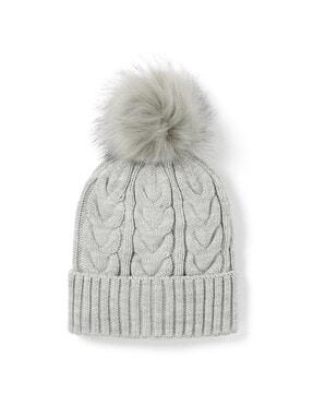 cable knit beanie with pom-pom