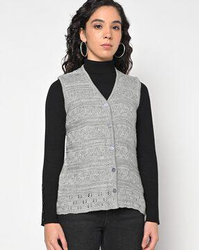 cable-knit button-front sleeveless cardigan