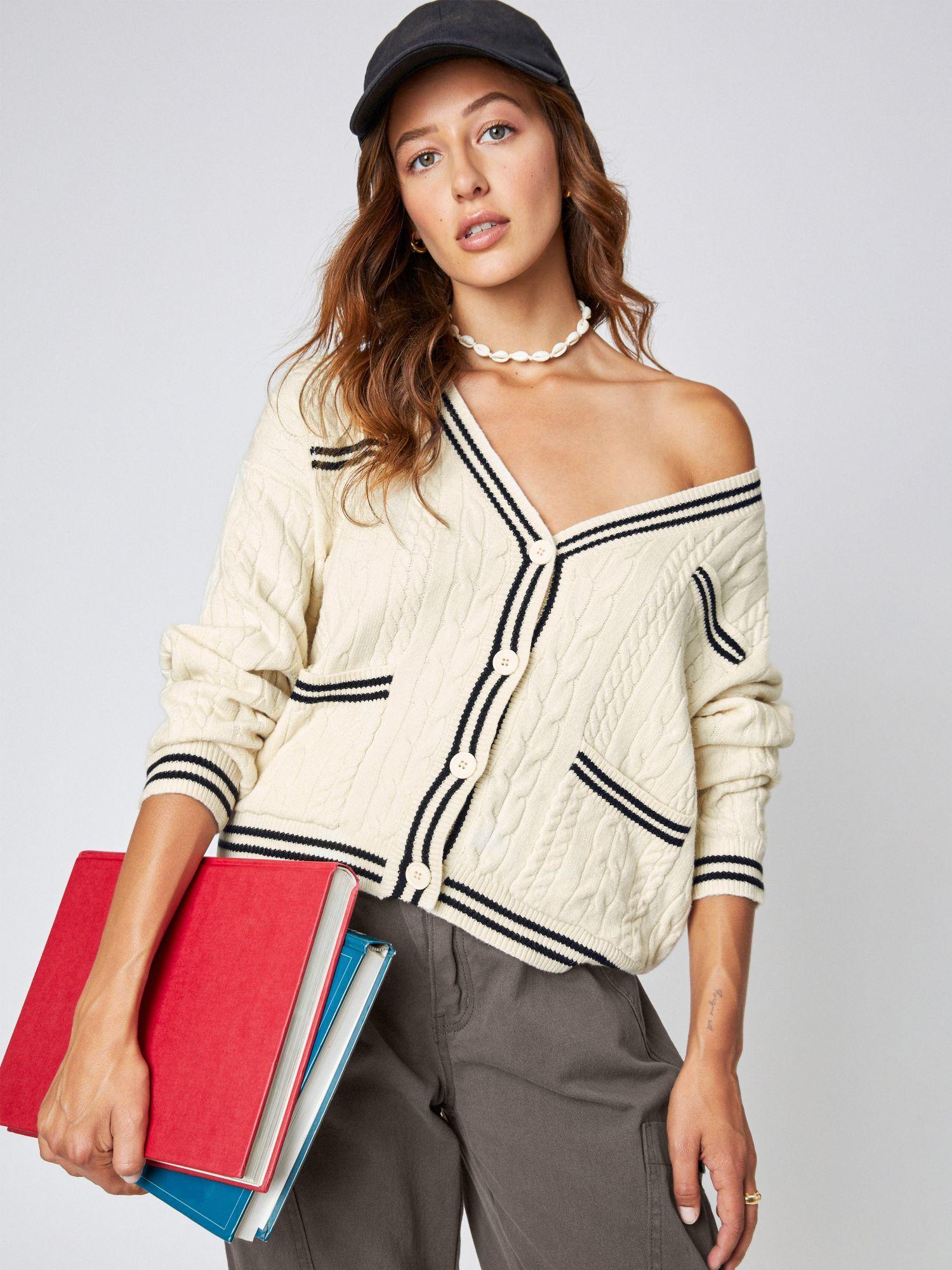 cable knit contrast trim cardigan