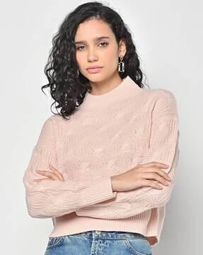 cable-knit high-neck fitted pullover