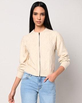 cable-knit zip-front cardigan