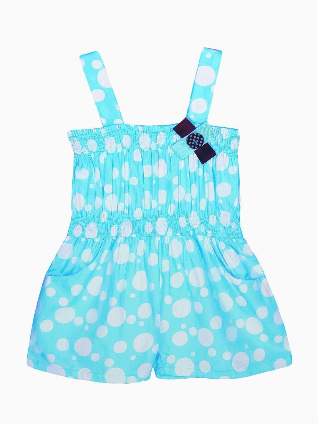 caca cina infant girls turquoise blue & white polka dot printed cotton smocked romper