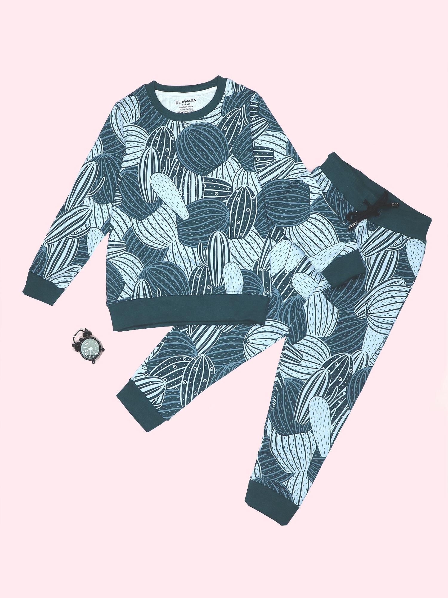 cactus pattern kids sweatshirt & joggers teal (set of 2)