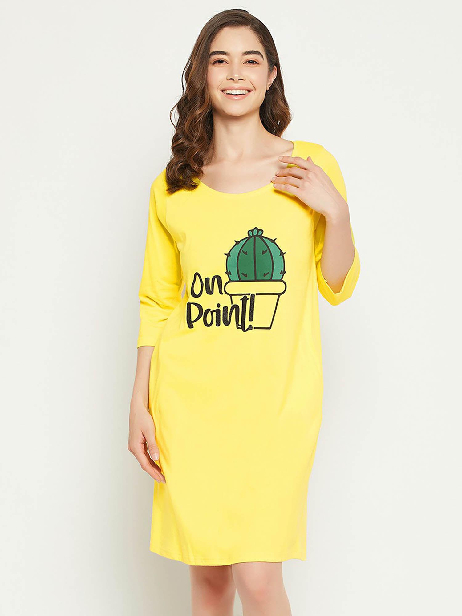 cactus print short night dress in yellow - 100 percent cotton