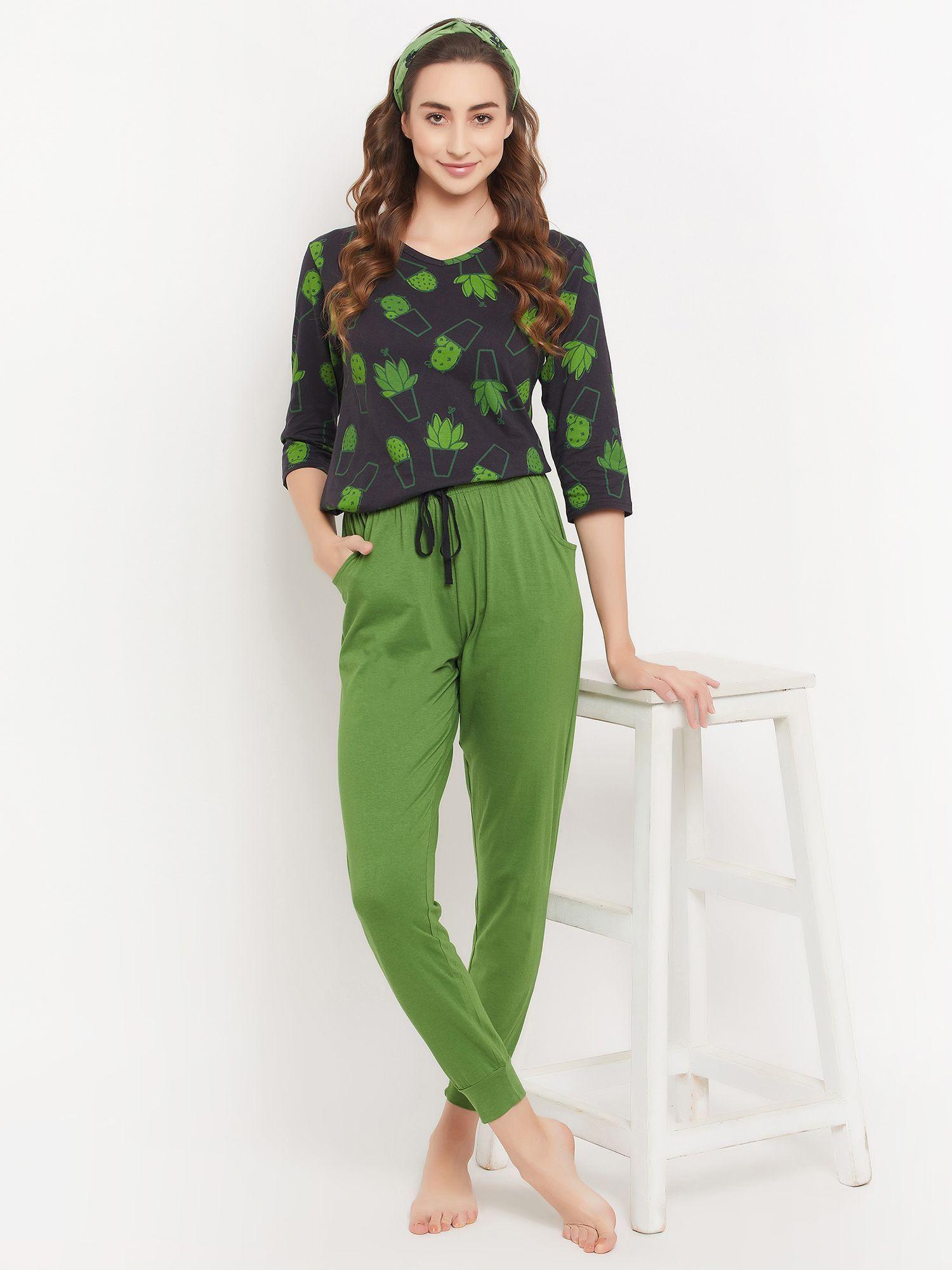 cactus print top black & chic basic joggers in green pure cotton (set of 2)