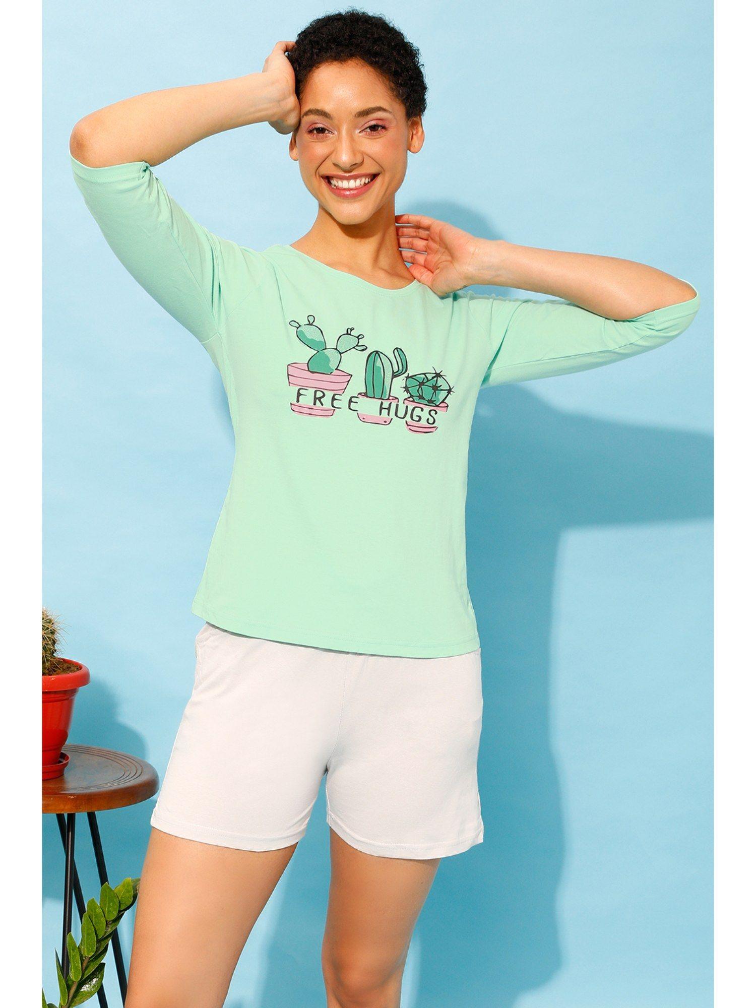 cactus print top in seafoam green & chic basic shorts in grey - 100% cotton