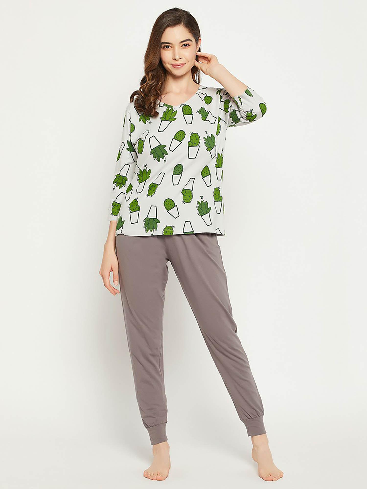 cactus print top in white & chic basic joggers in dark grey - 100 percent cotton