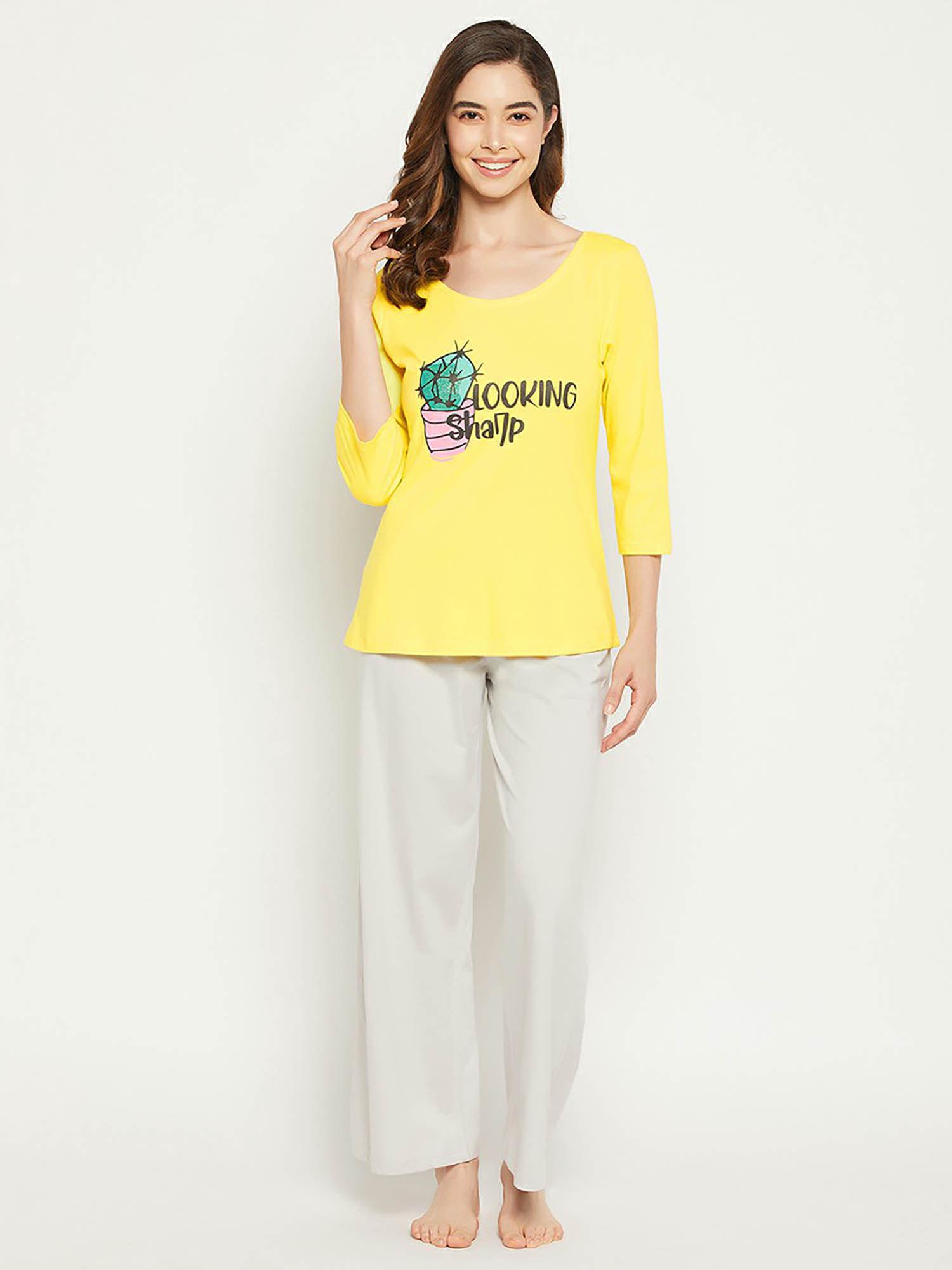 cactus print top in yellow & chic basic pyjama in grey - 100 percent cotton