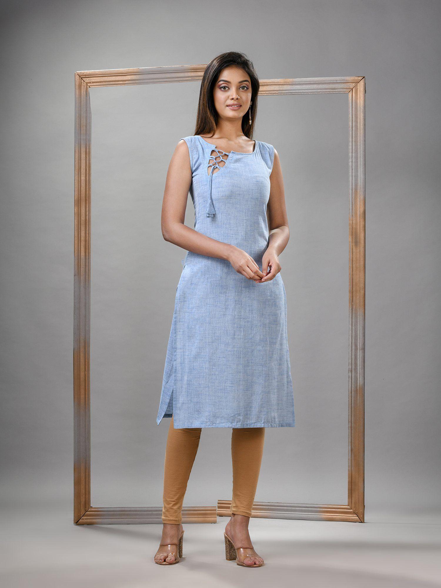 cadet blue cotton bengal handwoven kurta