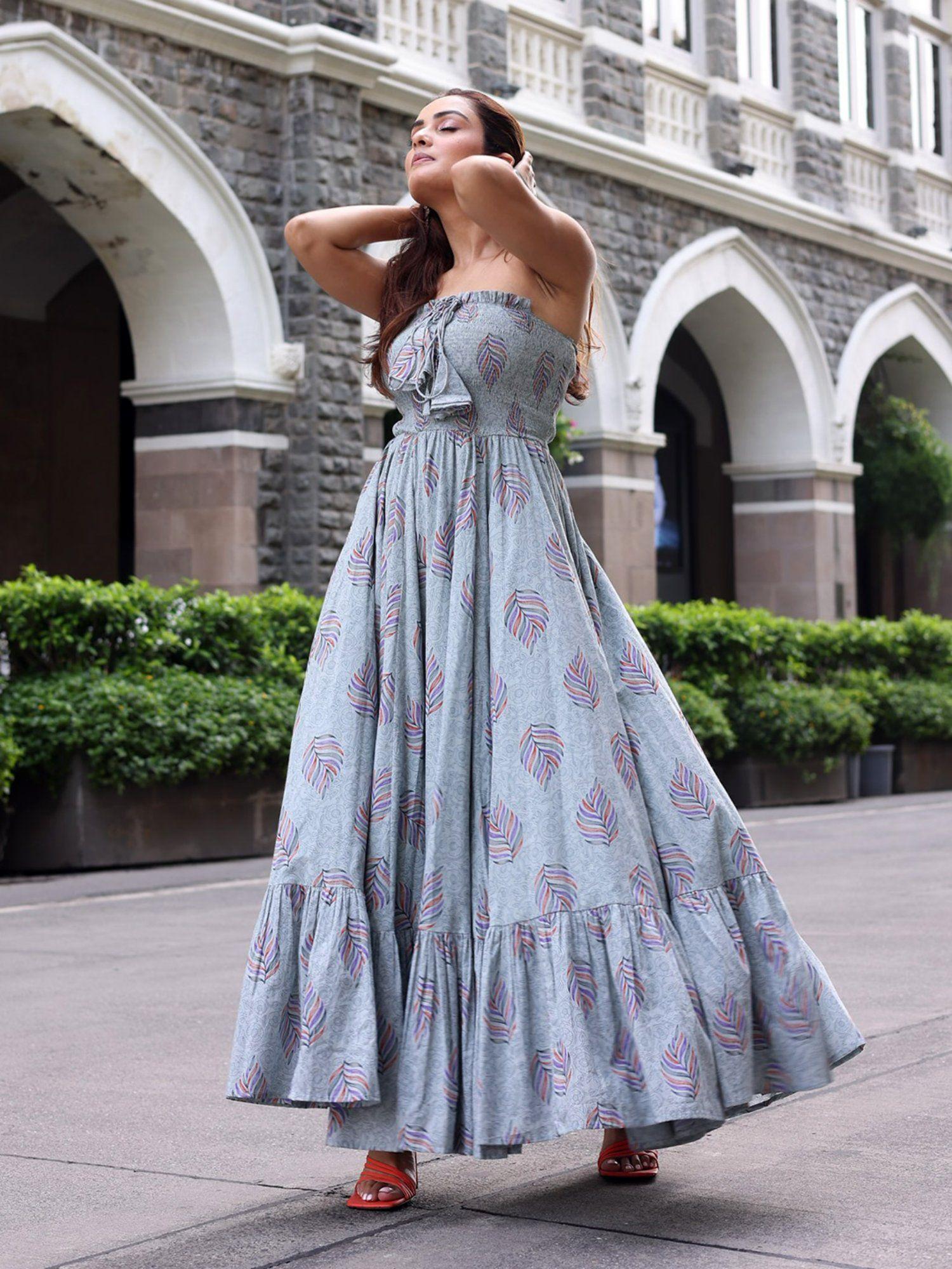 cadet grey off shoulder maxi dress