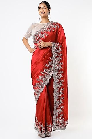 cadium red silk zardosi embroidered saree set