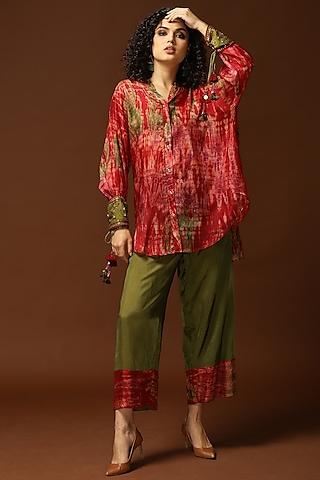 cadmium red & olive green tie-dyed tunic set