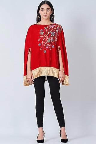 cadmium red embroidered poncho top