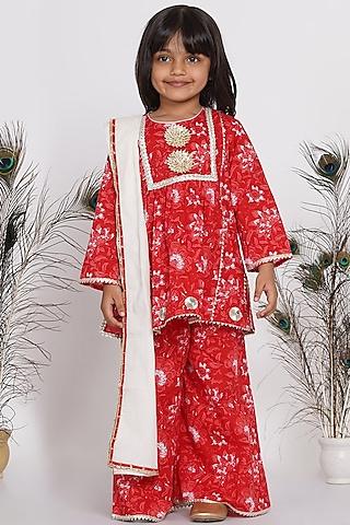 cadmium red hand embroidered frock kurta set for girls