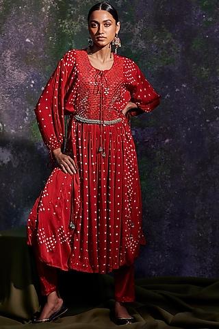 cadmium red bandhej embroidered anarkali set