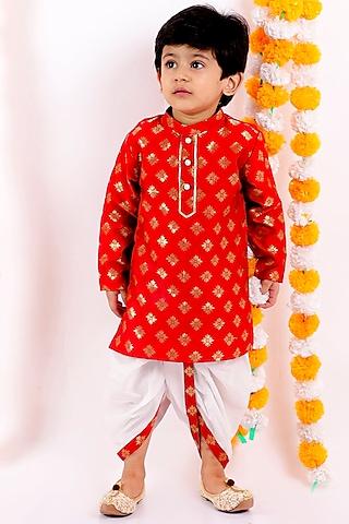 cadmium red cotton & silk blend kurta set for boys