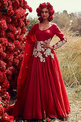 cadmium red embroidered anarkali set